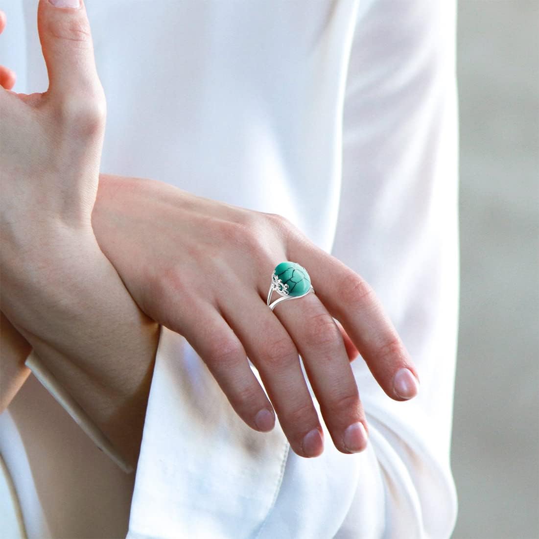 Natural Turquoise Stone Ring for Women,S925 Sterling Silver Edged with Flower Vine Thick Genuine Gemstone Turkey Ring Jewelry - Image 2