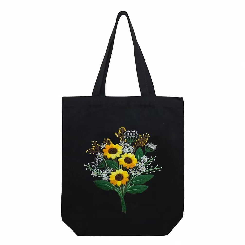 ATOLY Canvas Tote Bag Embroidery Kit with Pattern for Beginners, DIY Embroidery Kits Include Embroidery Bag, Embroidery Hoops, Color Threads, Embroidery Needles and Instruction (Sunflowers Bouquet)
