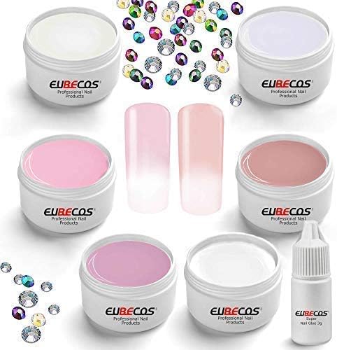 Eubecos 6x 5ml Baby-Boomer Glamour uv Gel Set Ombre French Pink White Made in Germnay with Instructions 50 x Rhinestones and Nail Glue 3 Gr Mega Great saving Set