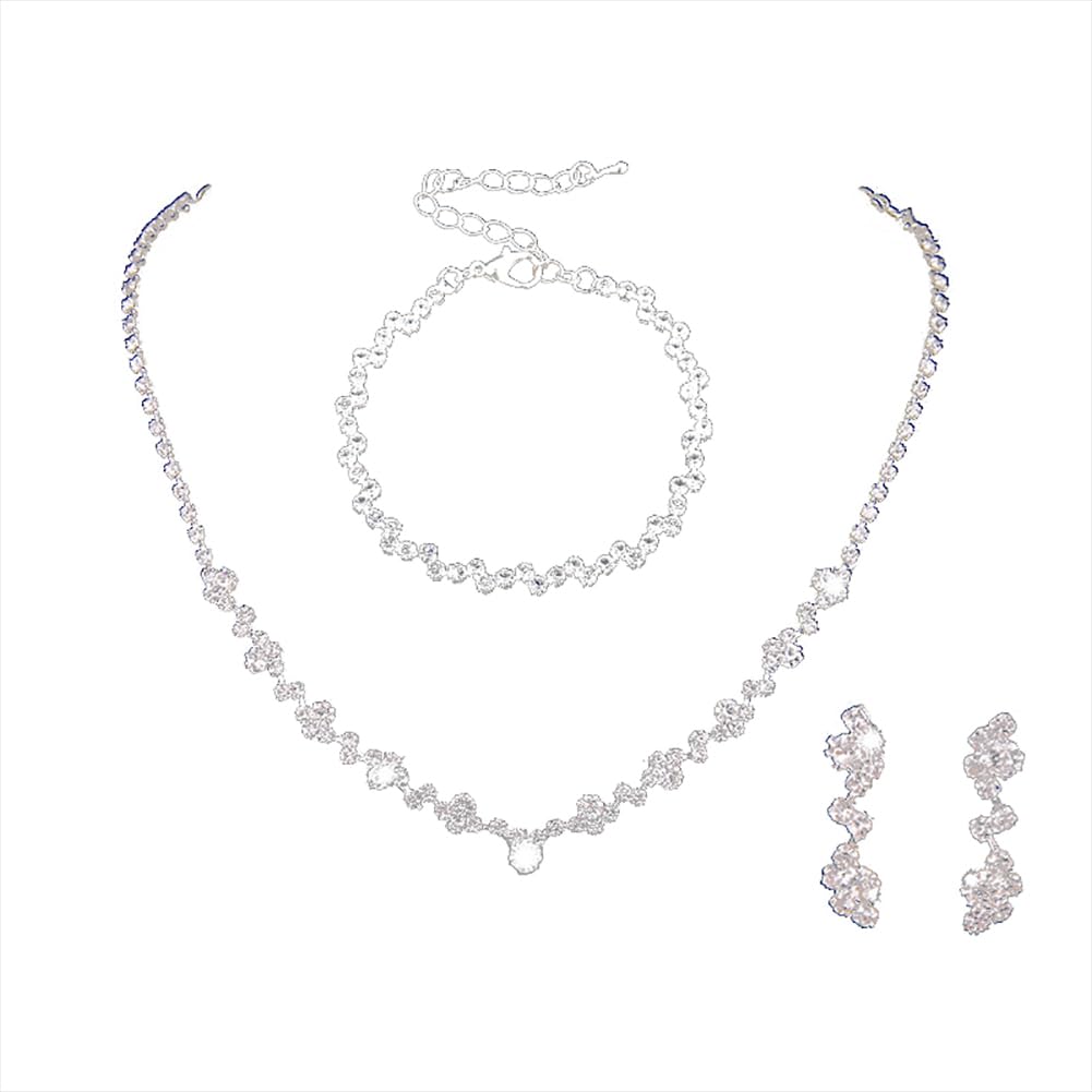 Clataly Juego de collar de boda para novia, pendientes y pulseras, accesorios de joyería para damas de honor de cristal plateado para mujeres y niñas