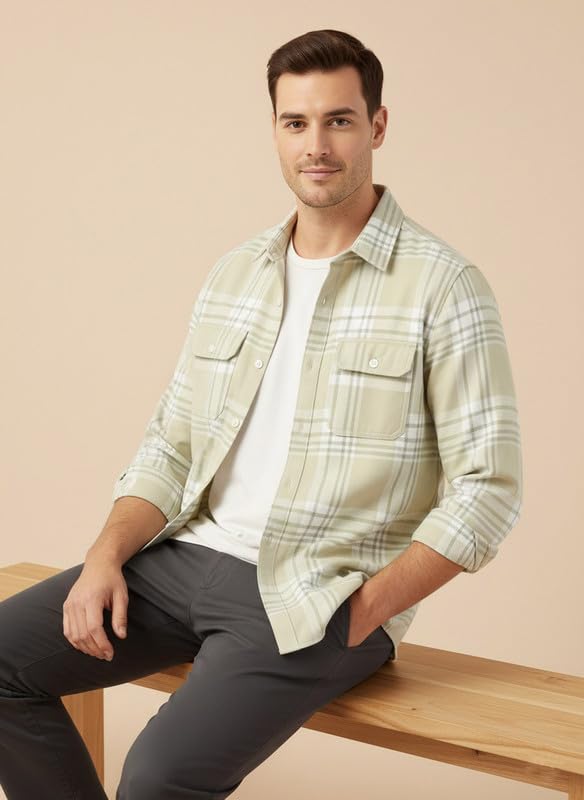 Image of DEELMO Men's Stylish Cotton Blend Casual Chakes Shirt || Full Sleeve Shirt with Dual Flap Pockets Fabric || Perfect for Casual and Classic Fit & Style || Stylish Everyday Wear