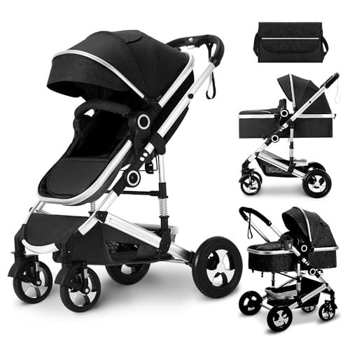 Image of Kinder King 2 in 1 Convertible Baby Stroller, Folding High Landscape Infant Carriage, Newborn Reversible Pram, Adjustable Canopy, Diaper Bag, Anti-Shock Toddler Pushchair Stroller, Black