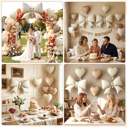 Image of 12 Pcs 18 Inch Heart Balloons and 38 Inch Bow Balloons, Large Foil Bow Heart Balloon Bow Party Decorations for Birthday Baby Shower Valentines Wedding Party