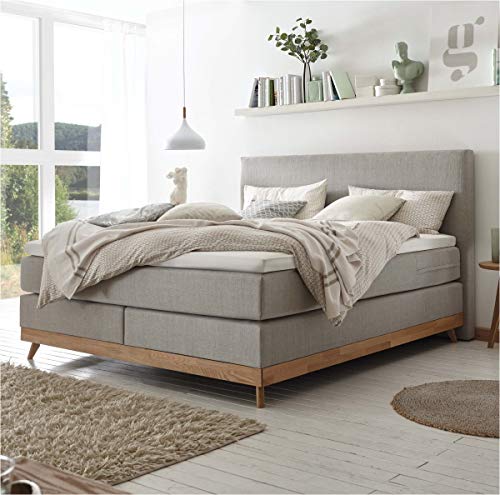 Hasena Boxspringbett Scandia Eiche Bianco|Stoff grau 160x200 Topper Agrea (Liegekomfort: medium)