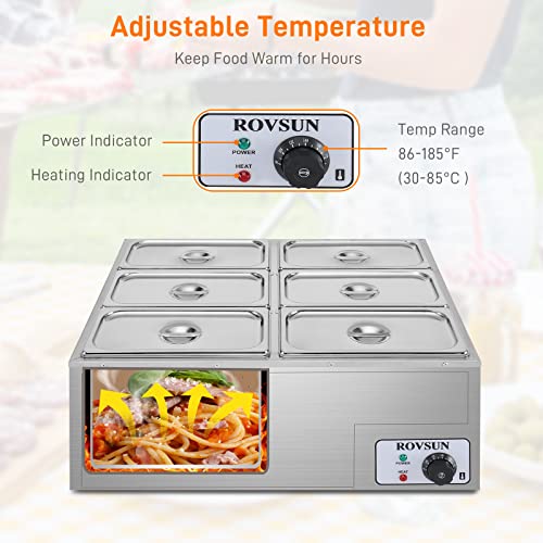 image for ROVSUN 42.3QT 1200W Electric Commercial Food Warmer, 6-Pan Steam Table
