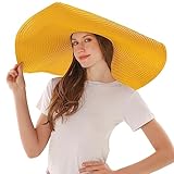 Oversized Beach Straw Sun Hats for Women Large Wide Brim Sun Visor Hat Summer Floppy Foldable Roll Up Handmade UV Protection Beach Cap Yellow