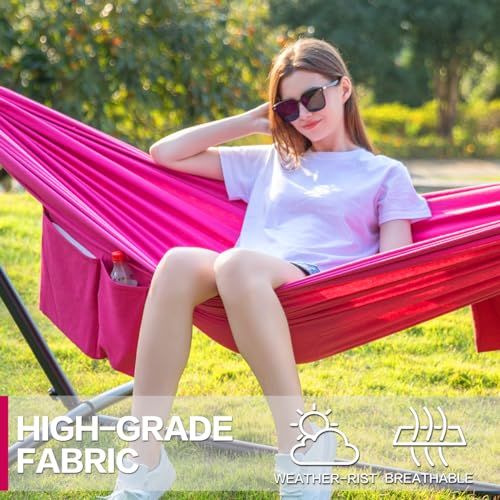 Image of PNAEUT Double Hammocks with Stand for Outside, Portable Space Saving Heavy-Duty Steel Stand for Indoor Outdoor Patio with Carrying Bag, 450 lbs Capacity (Rose Pink)