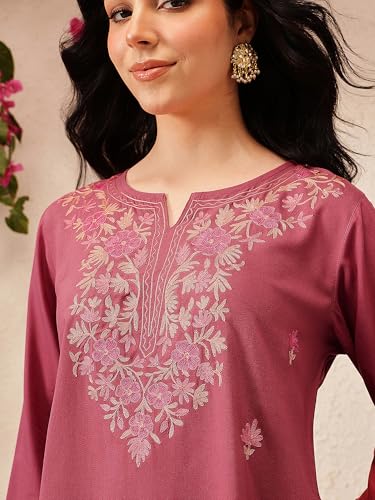 Image of QAZMI Women's Bahar Kashmiri Zari Resham Work Viscose Rayon Full Sleeves A-Line Short Kurti