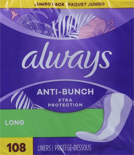 Image of Always Panty Liners for Women Anti-Bunch Xtra Protection Daily Liners, Long, Unscented 108 Count (Pack of 4)