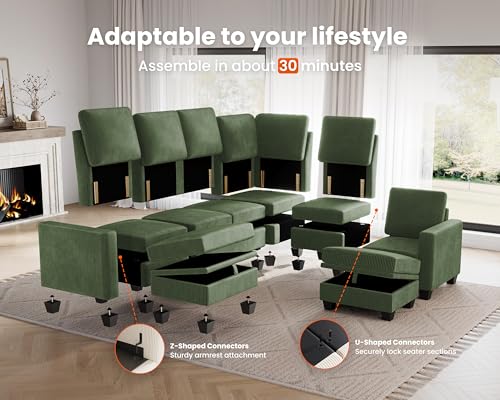 Image of CHIC HOUSE Modular Sectional Sofa with Storage Ottomans, Corduroy Cloud Couch for Small Spaces & Apartments, Reconfigurable L /U Shaped Convertible Corner Sofa, Green, Double Seater