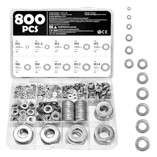 Washers for Screws, 800PCS Stainless Steel Washers with M2 M2.5 M3 M4 M5 M6 M8 M10 M12 M14, 10 Sizes of Metal Washer Set Assorted for DIY Home Repair Construction
