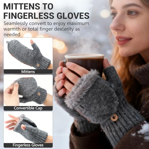 Fingerless Gloves Women Winter Warm Thermal Mitten Flap Thickened Knit Fleece Lined Half Finger Touchscreen Gloves for Indoor Outdoor Running Cycling Working, Grey - Image 4