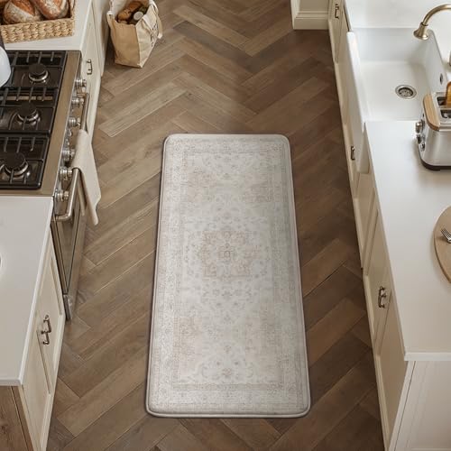 Kitchen Mats for Floor Anti Fatigue Cushioned Beige Vintage Kitchen Mats Waterproof Non Slip Comfort Standing Oriental Medallion Runner Rug for Sink L