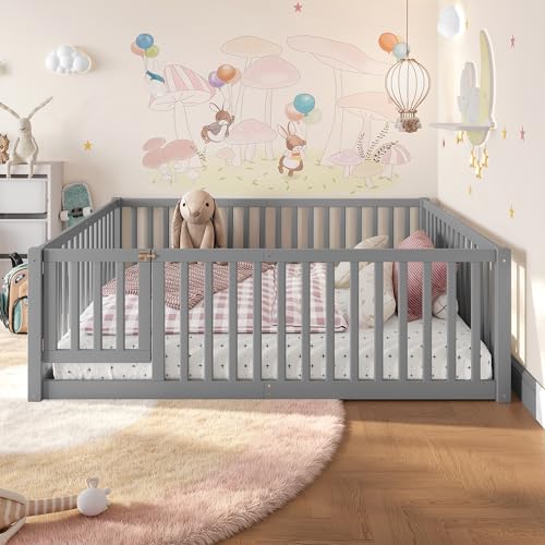 Image of Bellemave Full Size Kids Montessori Floor Bed with Door,Solid Wood Floor Bed Frame with High Fence for Girls,Boys,Gray