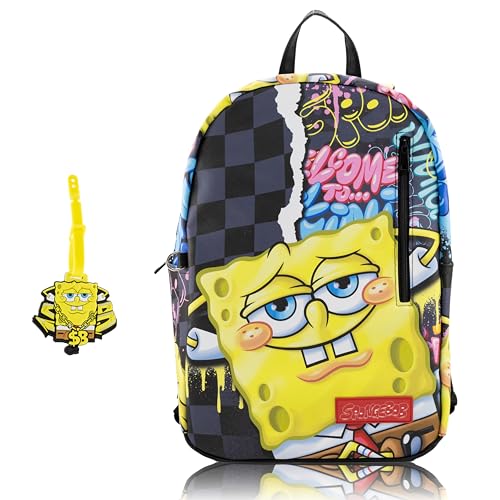 SpongeBob SquarePants Backpack for Teens with Rubber Luggage Tag | 2 Piece SpongeBob Backpack Set for Boys, Girls, Unisex | SpongeBob School Backpack and Travel Essentials