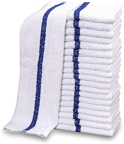 GOLD TEXTILES New Cotton Blend White Restaurant Bar Mops Kitchen Towels (36, Blue Stripe)