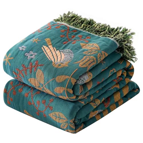Image of VANJOROY Boho Throw Blanket, 100% Organic Cotton Breathable Ultra Soft 91 inch x 108 inch King Bed Quilt Throw - Floral Rustic Bird Farmhouse Decor Luxury Blanket for Sofa Couch Chair and Gift,Teal /Beige