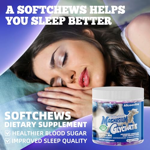Image of Magnesium Glycinate Soft Chews, Blueberry Flavor.Chewable Sugar Free Potassium Magnesium Chews with Magnesium Glycinate, Vitamin D, B6, and CoQ10 for Calm Support & Sleep for Adults, 60 Days Supply