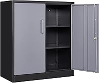 Vista 23 de Yizosh Armario de almacenamiento de metal para garaje con 2 puertas y 2 estantes ajustables - Gabinete contador de archivos de acero con cerradura