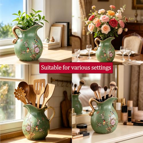 European-Rustic-Ceramic-Kitchen-Utensil-Crock-57-Vintage-Farmhouse-Countertop-Cooking-Tool-Holder-Decorative-Spatula-Spoon-OrganizerGreen