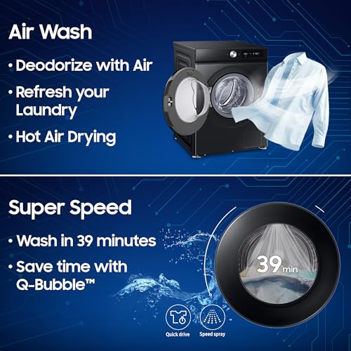 Image of Samsung 12 kg (Wash) / 7 kg (Dry), 5 Star, AI EcoBubble, AI Control, AI Energy Mode, Air Wash, Hygiene Steam, Wi-Fi, Digital Inverter, Fully-Automatic Front Load Washer Dryer (WD12FB7B34GBTL, Black)