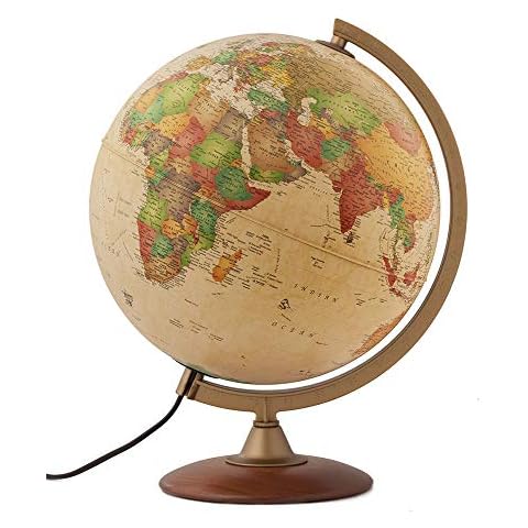 TECNODIDATTICA - Nova Rico Colombo Globe | Illuminated and revolving | Base in premium beechwood and bronze looking plastic graduated meridian | Cartography in English with antique finish | 12"/30cm Cover