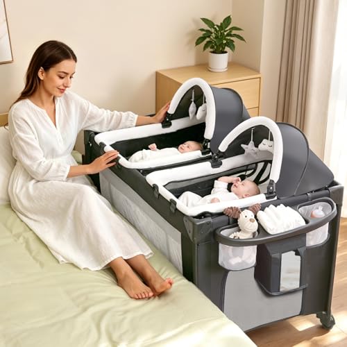 Jestonten Twin Bassinet for Baby 3-in-1 Bedside Bassinet for 2 Babies Convertible to Bedside Sleeper and Playpen Includes 2 Removable Rocking Portable Baby Bassinets and Storage Bags Light Grey