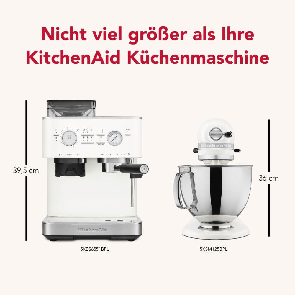 KitchenAid Kaffeemaschine mit Mahlwerk Halbautomatische Espressomaschine Milchschäumer Milchkännchen Bohnenbehälter Weiss