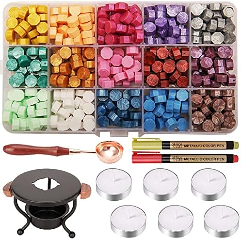 WEWINK PLUS Wax Seal Kit, 15 Colors and 310 Pcs Wax Sealing Beads with Wax Seal Warmer, Melting Spoon, Candles and Metallic Pens for Envelope Letters, Wax Seal Stamp for Gift and Decoration Cover