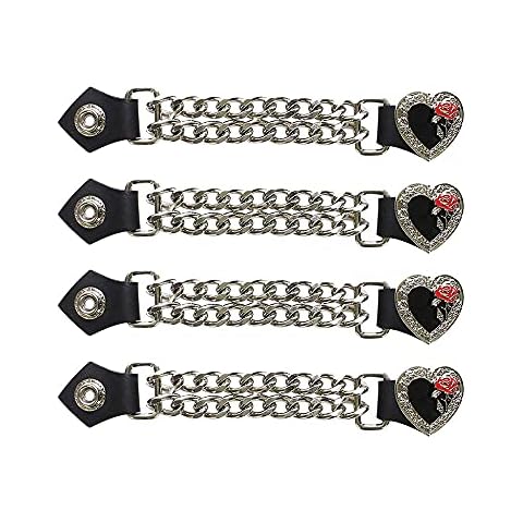 Dream Apparel Authentic Leather Motorcycle Vest Extender for Women Ladies Biker Double Diamond Cut Chrome Chain 4PCS Per Set, Black Heart, One Size Cover