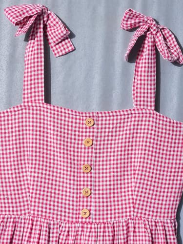 Image of Women's Gingham Checkered Summer Dress | Sleeveless A-Line Mini Dress with Shoulder Tie Straps & Button Front | Casual Picnic, Beach Wear