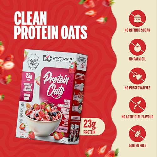 Image of Doctors Choice High Protein Oats 750g | 24g Protein Oatmeal | Natural Strawberrry Flavour | No Added Sugar | Gluten Free | High Fiber Healthy Breakfast Oats (Pack of 2)