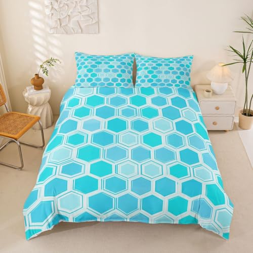 Manfei Honeycomb Bedding Set Toddler Size Geometrical Beehive Duvet Cover Set 2Pcs for Kids Girls Boys Room Decor Hexagon Theme Soft Baby Blue Quilt Cover,1 Pillowcase(No Core)