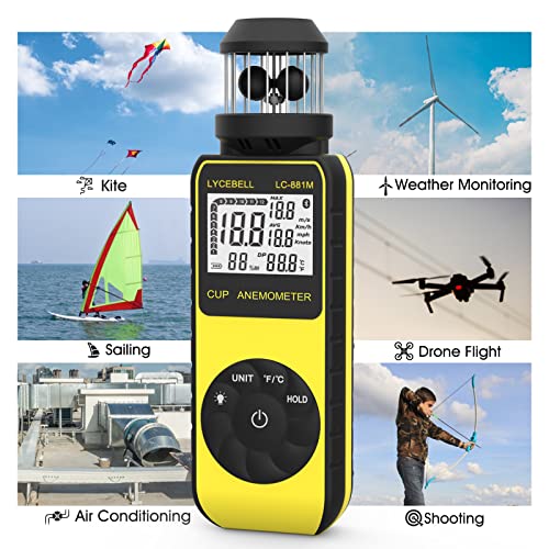 LYCEBELL Anemometer Handheld Digital Wind Meter with 360° Directions, Compass, 881M Portable Wind Speed Meter Measures Wind Speed and Temperature, for HVAC Outdoor Hunting, Drone Flights, Sailing