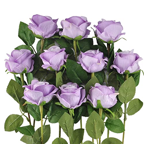 Huspox Fake Roses Artificial Flowers with Long Stem for Decoration Bouquet Wedding Floral Arrangement 10pcs (Light Purple) - Image 2