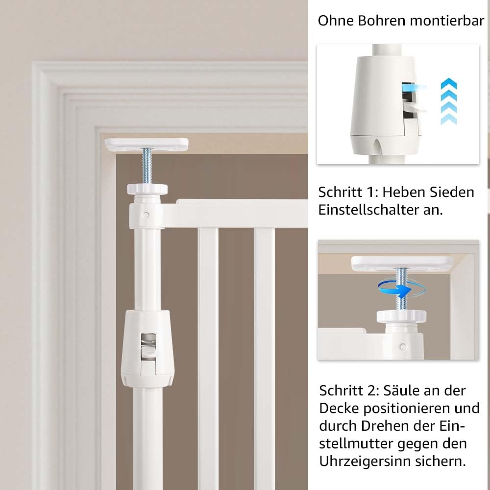 Unipaws Katzenschutzgitter 190 cm extra hoch, automatisch schließend, ohne Bohren, 53–86 cm Breite, Weiß