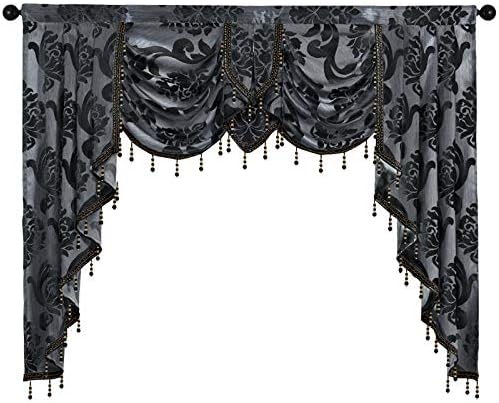 NAPEARL Swags for Windows-Jacquard Luxurious Valance Curtains for Living Room, Kitchen, Black Waterfall Valance with Beads, Rod Pocket Window Treatment Valances, 61-Inch Wide