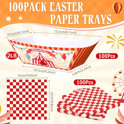 Vesici 200 Pcs Carnival Paper Food Tray Kit 100 Pre-folded 2lb Carnival Food Trays & 100 Wax Paper Disposable Serving Boats for Snacks Tacos Fair Foods Summer Festival Supplies Circus Birthday by Vesici - Image 2