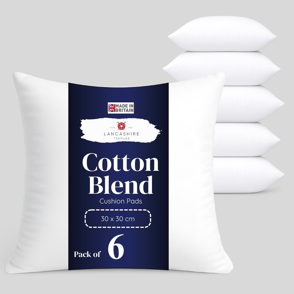 Lancashire Textiles 6 Pack Luxury 12" x 12" (30 x 30cm) Cotton Blend Cushion Pads with Super Bounce Polyester Fibre, Made of Finest British Materials