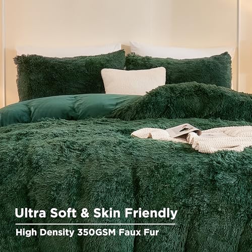 Andency Fluffy Emerald Green Comforter Set King Size, 3 Pieces Winter Faux Fur Warm Soft Fuzzy Plush Bedding Comforter Set (1 Velvet Comforter & 2 Pillowcases), Thick Heavy Puffy Comfy Bedding Set