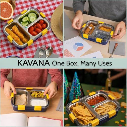 Image of KAVANA Lunch Box 3 Compartment Leak-Proof BPA Free Stainless Steel, Lunch Box for Kids, Lunch Box for School & Office with a Fork, a Spoon (Blue), 750 ml (Dark Blue)