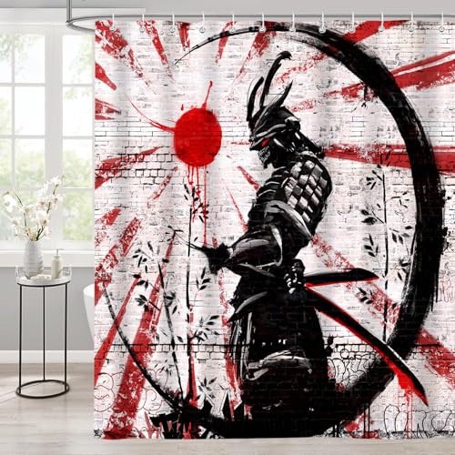 iTapnoom Japanese Samurai Shower Curtain, Asian Japan Cool Anime Red and Black Men Shower Curtains Set Sun Moon Art Fabric for Bathroom Decor Bath Accessories with Hooks 72X72 inch