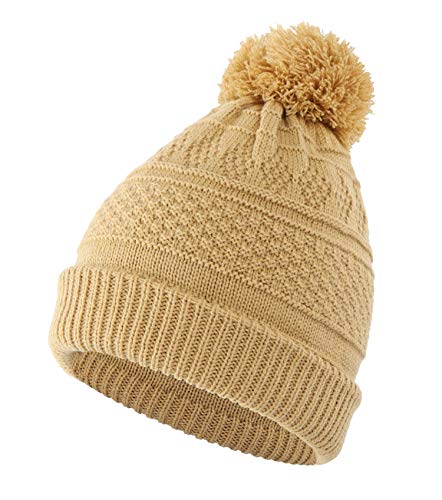 Home Prefer Women's Winter Hat Warm Knitted Cuff Beanie Watch Cap Skull Beanie with Pom Khaki