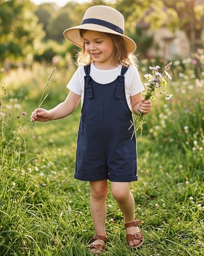 Image of HINTINA Toddler Girl Overall Shorts Set Adjustable Loose Jumpsuit Short Sleeve T-shirt Vacation Summer Outfits with Pockets