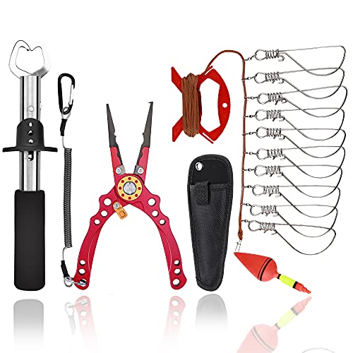 Angelzange Fischgriff-Werkzeuge, Edelstahl Angeln Zangen, 3 Stück Angel Werkzeug Set, Fisch Zange - Fisch Greifer - Edelstahl Live Fischschnalle 5 Meter Plus Auftriebsstange und Karabiner Fish (rot) Cover