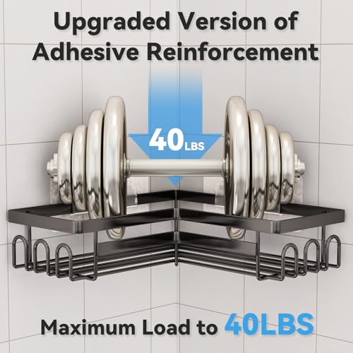 rigors estante de ducha sin taladrar, estante de ducha de 3 piezas esquinero con ganchos, estante de ducha de acero inoxidable cesta de, organizador de baño autoadhesivo para baño y cocina negro - imagen 2