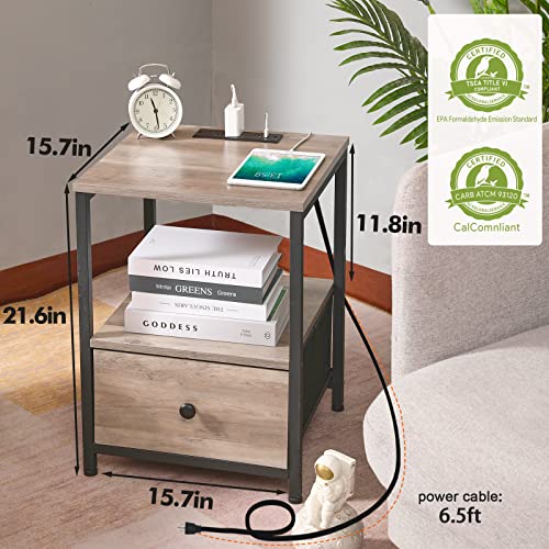 Amhancible End Tables With Charging Station, Nightstands Set Of 2 For Bedroom, Night Stand With Drawer Usb Ports & Power Outlets, Sofa Side Table For Living Room Greige Het04Sdgy #TOP2