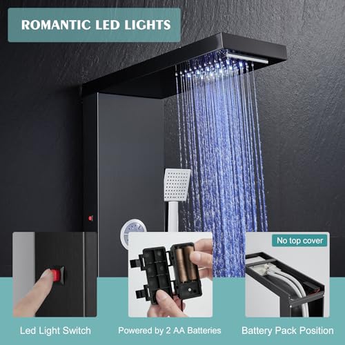 KINKIB LED Shower Panel Tower System, 6-in-1 Shower Tower with Rainfall Waterfall Shower Head, 2 Modes Powerful Body Jets, Handheld Shower and Tub Spout, Stainless Steel Shower Column, Black