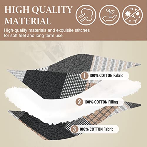 Sahsahcasa Quilt King Size, King Quilt Set, 100% Cotton King Quilt Bedding Set Bedspreads, Farmhouse Patchwork Quilt, Plaid Reversible Lightweight Rustic Bedspread, Grey Black Brown White, 3 Pieces #TOP3