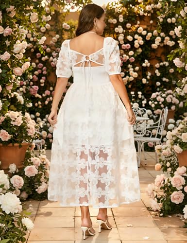 Image of EYWOL Formal Wedding Guest Cocktail Party Floral Embroidered Dress M-3XL | Embroidered,Floral,Sheer A-Line,Maxi,Sweetheart Neckline,Puff Sleeves,Tie Back, Parties,Wedding,Formal,Cocktail,Occasions